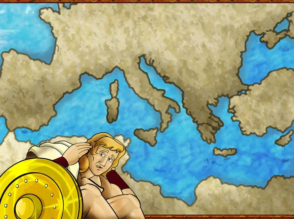 Cartoon map scene with greek or roman character or trader merchant with mediterranean sea illustration for children — ストック写真