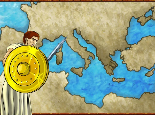 Cartoon map σκηνή με ελληνικό ή ρωμαϊκό χαρακτήρα ή έμπορο με μεσογειακή θαλασσινή απεικόνιση για παιδιά — Φωτογραφία Αρχείου