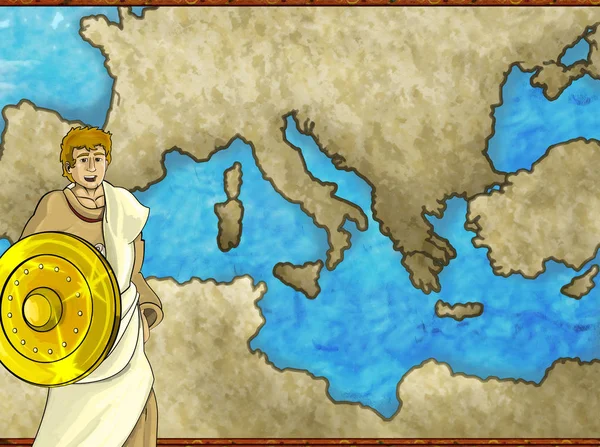 Kreskówkowa scena mapa z greckim lub rzymski charakter lub handlowiec handlowiec z Morza Śródziemnego ilustracja dla dzieci — Zdjęcie stockowe