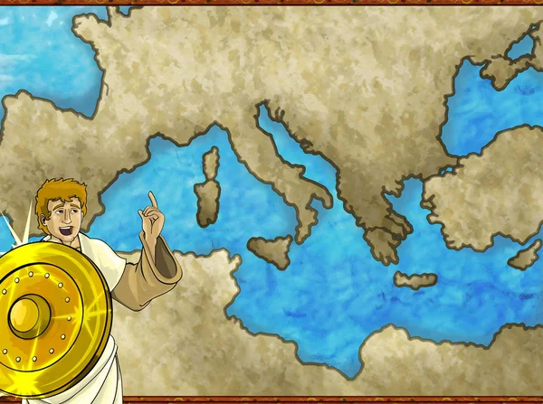 Cartoon map σκηνή με ελληνικό ή ρωμαϊκό χαρακτήρα ή έμπορο με μεσογειακή θαλασσινή απεικόνιση για παιδιά — Φωτογραφία Αρχείου