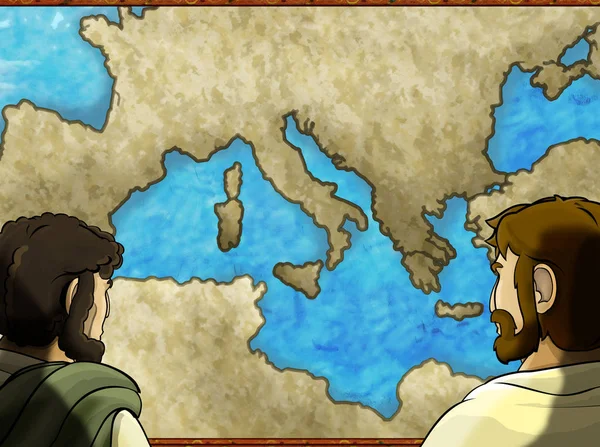 Cartoon map scene with greek or roman character or trader merchant with mediterranean sea illustration for children — Stock Photo, Image