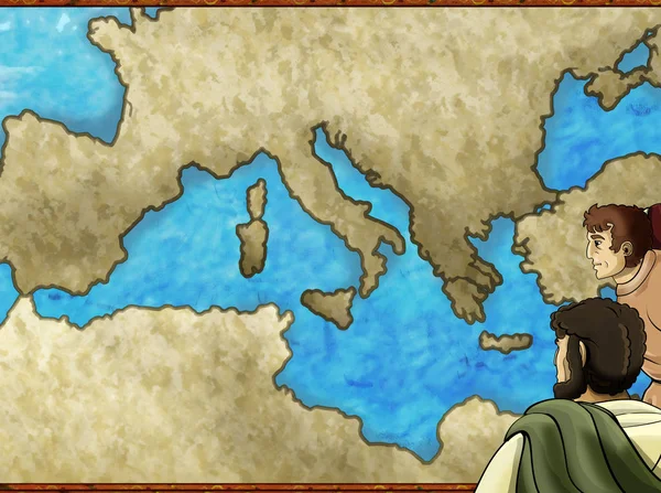Мультяшна сцена карти з грецьким або римським персонажем або торговцем з середземноморською морською ілюстрацією для дітей — стокове фото