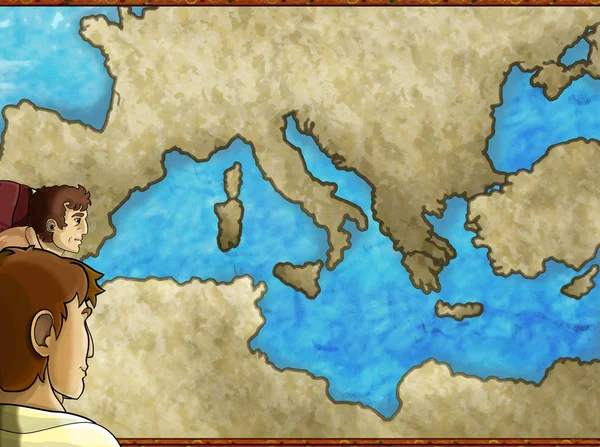 Kreskówkowa scena mapa z greckim lub rzymski charakter lub handlowiec handlowiec z Morza Śródziemnego ilustracja dla dzieci — Zdjęcie stockowe
