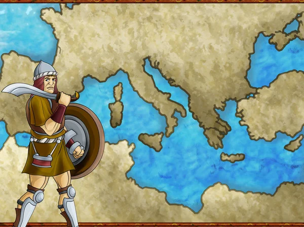 Cartoon map scene with greek or roman character or trader merchant with mediterranean sea illustration for children — ストック写真