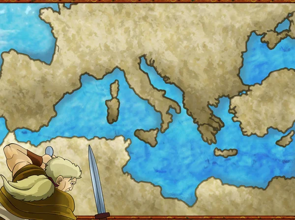 Cartoon map scene with greek or roman character or trader merchant with mediterranean sea illustration for children — Stock Photo, Image