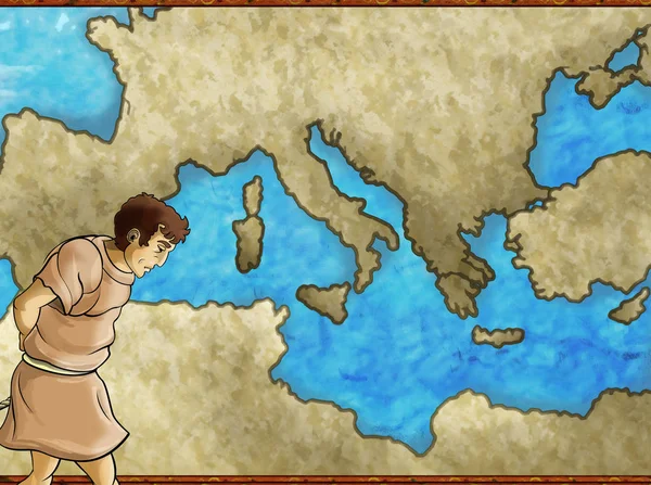 Mapa de dibujos animados escena con carácter griego o romano o comerciante comerciante con mar mediterráneo ilustración para niños — Foto de Stock