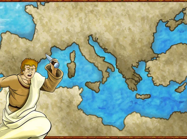 Cartoon map σκηνή με ελληνικό ή ρωμαϊκό χαρακτήρα ή έμπορο με μεσογειακή θαλασσινή απεικόνιση για παιδιά — Φωτογραφία Αρχείου