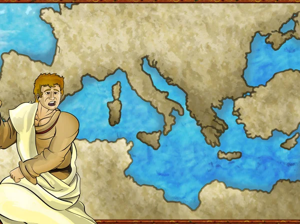 Mappa dei cartoni animati con personaggio greco o romano o commerciante con illustrazione mediterranea del mare per i bambini — Foto Stock