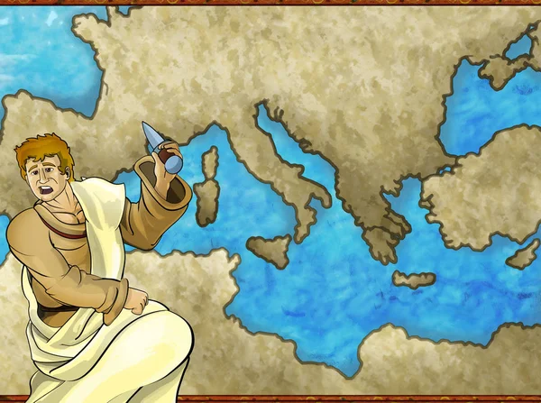 Cartoon map σκηνή με ελληνικό ή ρωμαϊκό χαρακτήρα ή έμπορο με μεσογειακή θαλασσινή απεικόνιση για παιδιά — Φωτογραφία Αρχείου