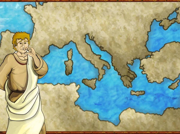 Cartoon map scene with greek or roman character or trader merchant with mediterranean sea illustration for children — 스톡 사진