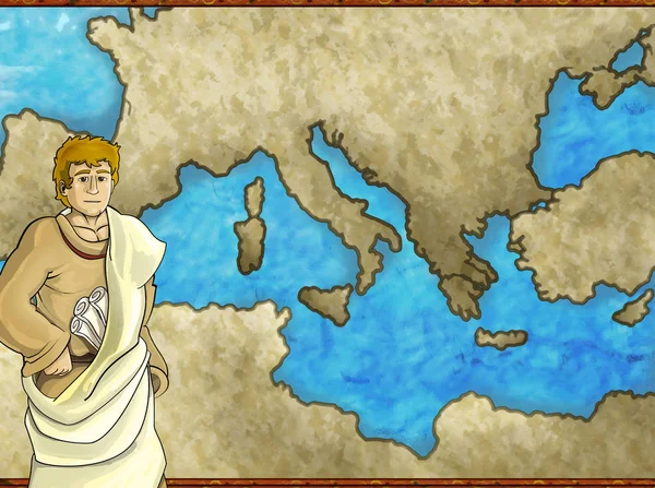 Cartoon map scene with greek or roman character or trader merchant with mediterranean sea illustration for children — 스톡 사진