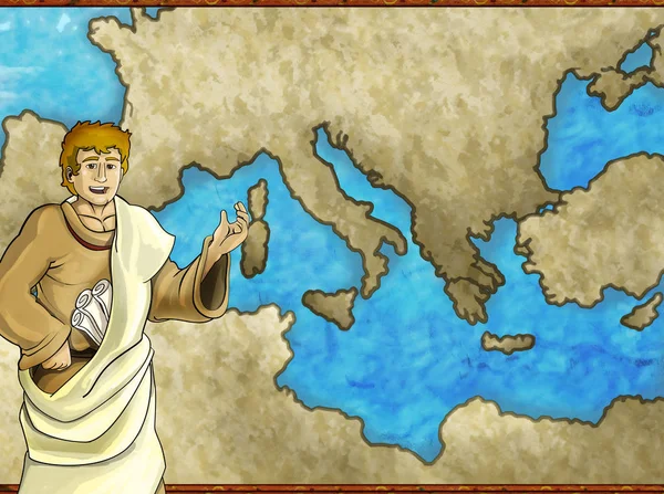 cartoon map scene with greek or roman character or trader merchant with mediterranean sea illustration for children