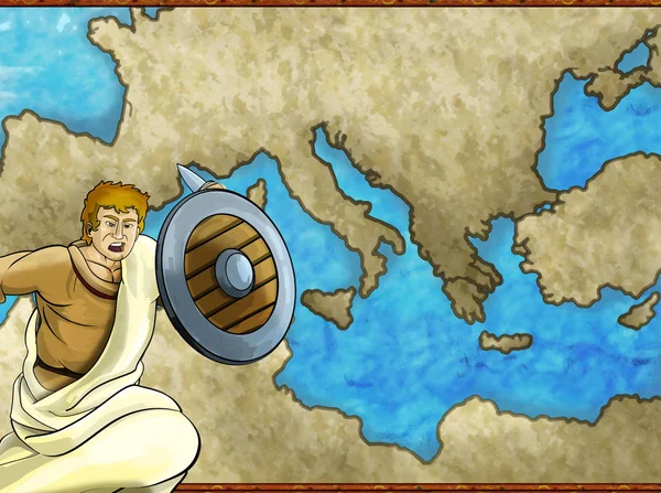 cartoon map scene with greek or roman character or trader merchant with mediterranean sea illustration for children