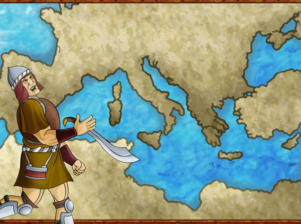Cartoon map scene with greek or roman character or trader merchant with mediterranean sea illustration for children — ストック写真