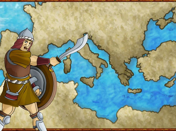 Сцена на карте с греческим или римским персонажем или торговым торговцем со средиземноморской морской морской иллюстрацией для детей — стоковое фото