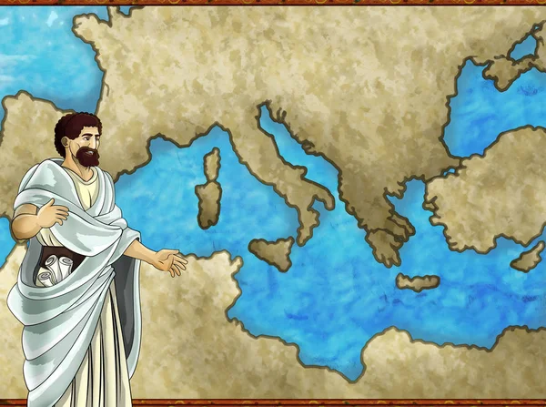 Cartoon map scene with greek or roman character or trader merchant with mediterranean sea illustration for children — ストック写真