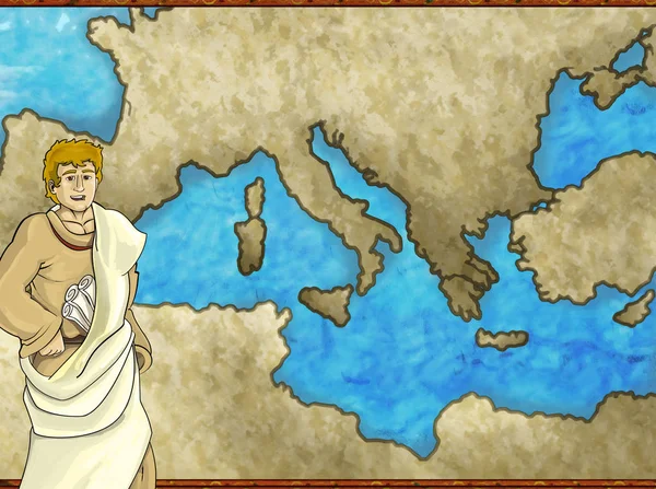 Cartoon map scene with greek or roman character or trader merchant with mediterranean sea illustration for children — 스톡 사진