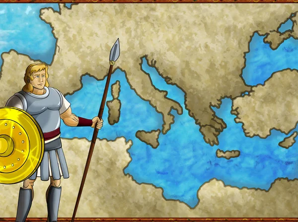 Cartoon map scene with greek or roman character or trader merchant with mediterranean sea illustration for children — ストック写真