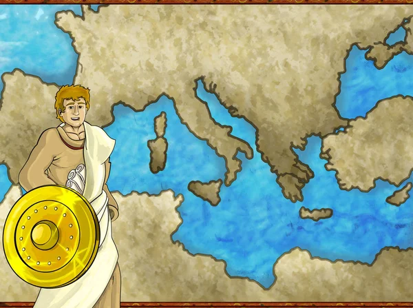 Cartoon map σκηνή με ελληνικό ή ρωμαϊκό χαρακτήρα ή έμπορο με μεσογειακή θαλασσινή απεικόνιση για παιδιά — Φωτογραφία Αρχείου