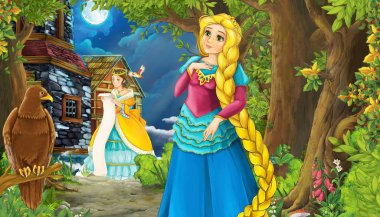 Ortaçağ şehir caddesi ve güzellik abidesiyle çizgi film doğa sahnesi.