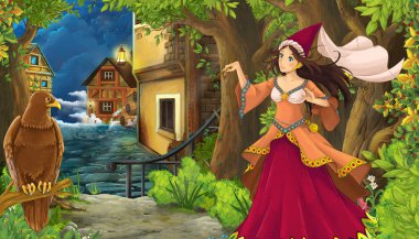 Ortaçağ sokak karikatür doğa sahnesi - illüstrasyon