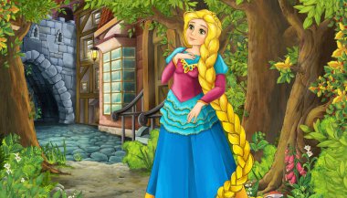 Ortaçağ sokak karikatür doğa sahnesi - illüstrasyon