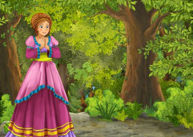 Orman illüstrasyonunda çayır olan karikatür yaz sahnesi