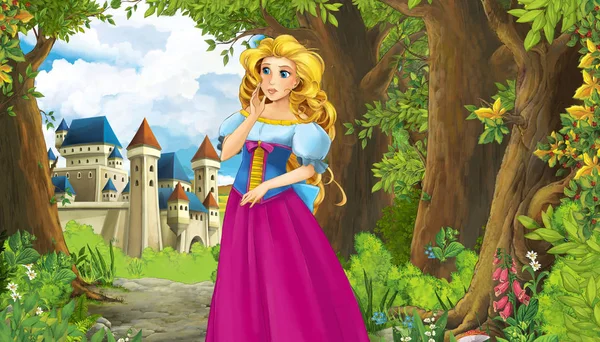 Cartoon nature scene with beautiful castle near the forest - ill