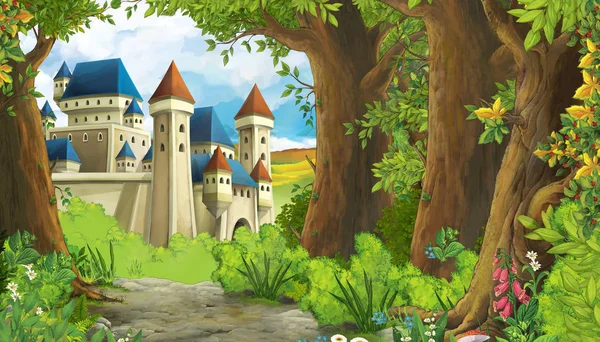 Scena di natura dei cartoni animati con bellissimo castello vicino alla foresta - malato — Foto Stock