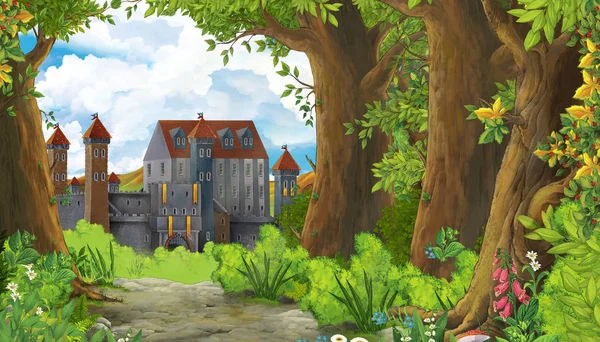 Σκηνή Cartoon φύση με όμορφο κάστρο κοντά στο δάσος - άρρωστος — Φωτογραφία Αρχείου