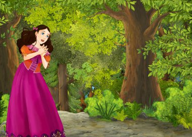 Orman illüstrasyonunda çayır olan karikatür yaz sahnesi