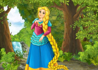 Ormanda şelaleli bir çayır ile karikatür yaz sahnesi