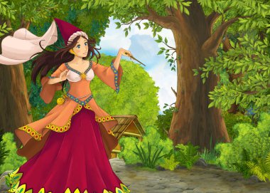 Dağlı karikatür sahnesi, çiftlik evi ve gardı olan vadi.