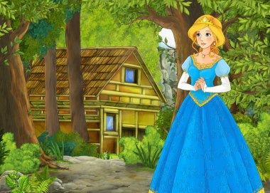 Dağlı karikatür sahnesi, çiftlik evi ve gardı olan vadi.