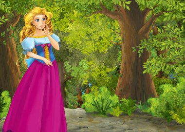 Orman illüstrasyonunda çayır olan karikatür yaz sahnesi