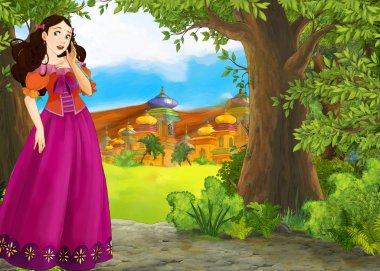 Karikatür doğa sahnesi. Güzel şatosu var.