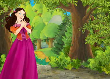 Orman illüstrasyonunda çayır olan karikatür yaz sahnesi