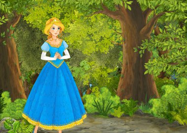 Orman illüstrasyonunda çayır olan karikatür yaz sahnesi