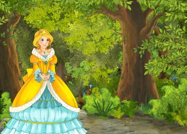 Orman illüstrasyonunda çayır olan karikatür yaz sahnesi