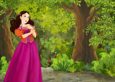 Orman illüstrasyonunda çayır olan karikatür yaz sahnesi