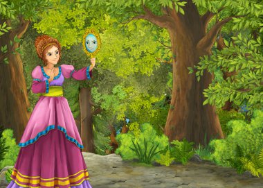 Orman illüstrasyonunda çayır olan karikatür yaz sahnesi