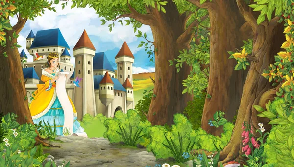 Kreskówka natura scena z piękną księżniczką dziewczyna i zamek - i — Zdjęcie stockowe