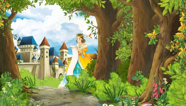 卡通片自然场景与美丽的女孩公主和城堡-我 — 图库照片