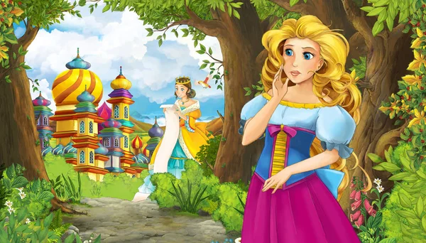 Dibujos animados escena de la naturaleza con hermosa princesa niña y castillo - i — Foto de Stock