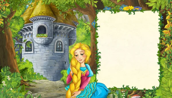 Cartoon příroda scéna s hradní věží v lese s rámem — Stock fotografie