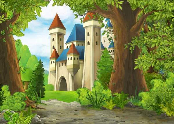 Dibujos animados escena de la naturaleza con hermoso castillo - ilustración para los niños — Foto de Stock