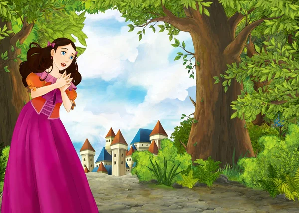 Cartoon natuur scène met mooi kasteel - illustratie voor th — Stockfoto