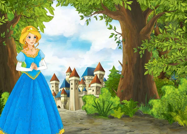 Cartoon nature scene with beautiful castle - illustration for th