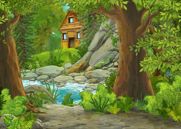 Scène de dessin animé avec montagnes et vallée avec ferme et jardin près de la forêt et illustration de ruisseau pour les enfants — Photo