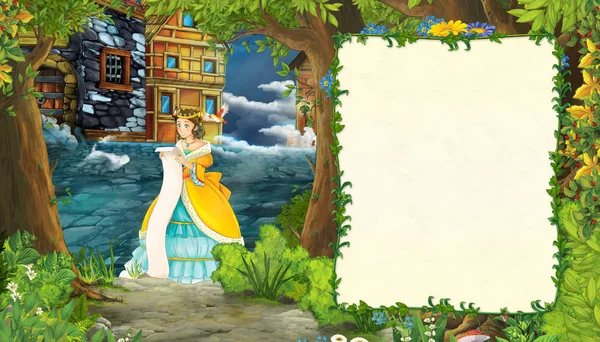 Dessin animé scène de la nature avec rue médiévale de la ville et avec belle fille princesse debout et la lecture illustration pour les enfants — Photo